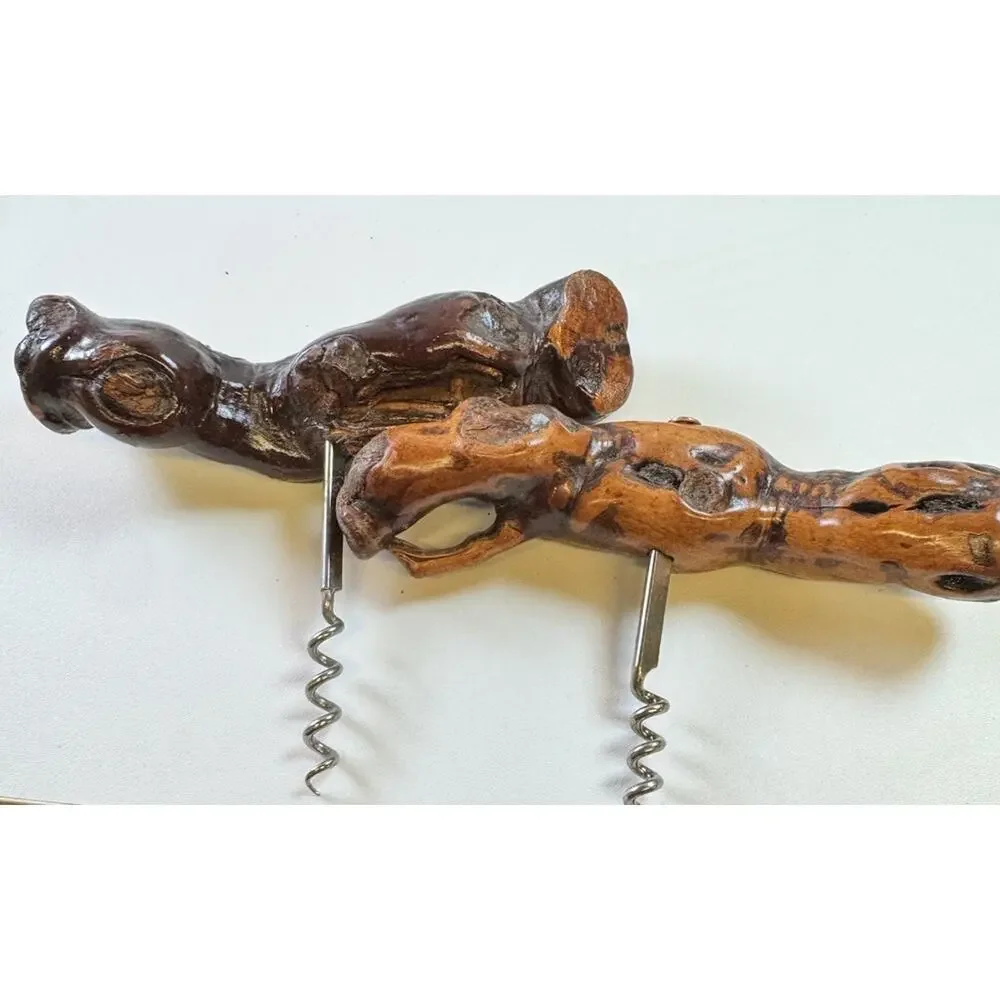 Vintage Driftwood Burl Corkscrew Set MCM Hand Carved Wine Opener - Bar decor